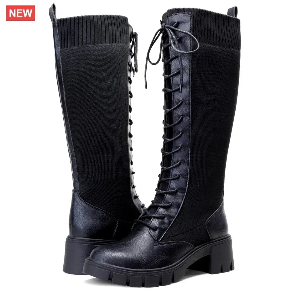 Women's Knee High Combat Boots Chunky Platform Heel Lace Up Work Boots - Picture 1 of 7